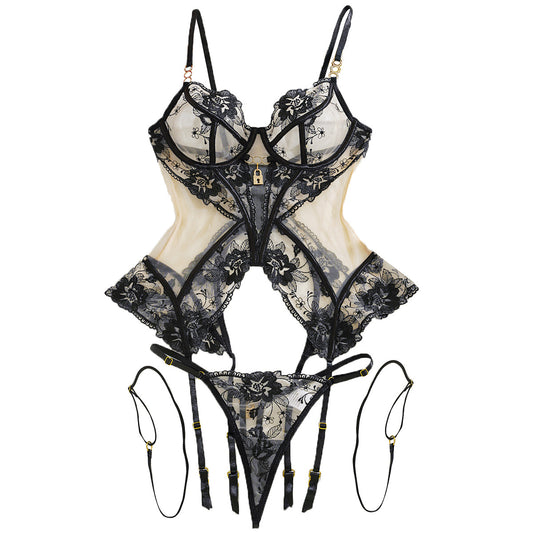 Freedombeauty | Sexy bra set mesh see-through thin lace seduction underwear three-piece set