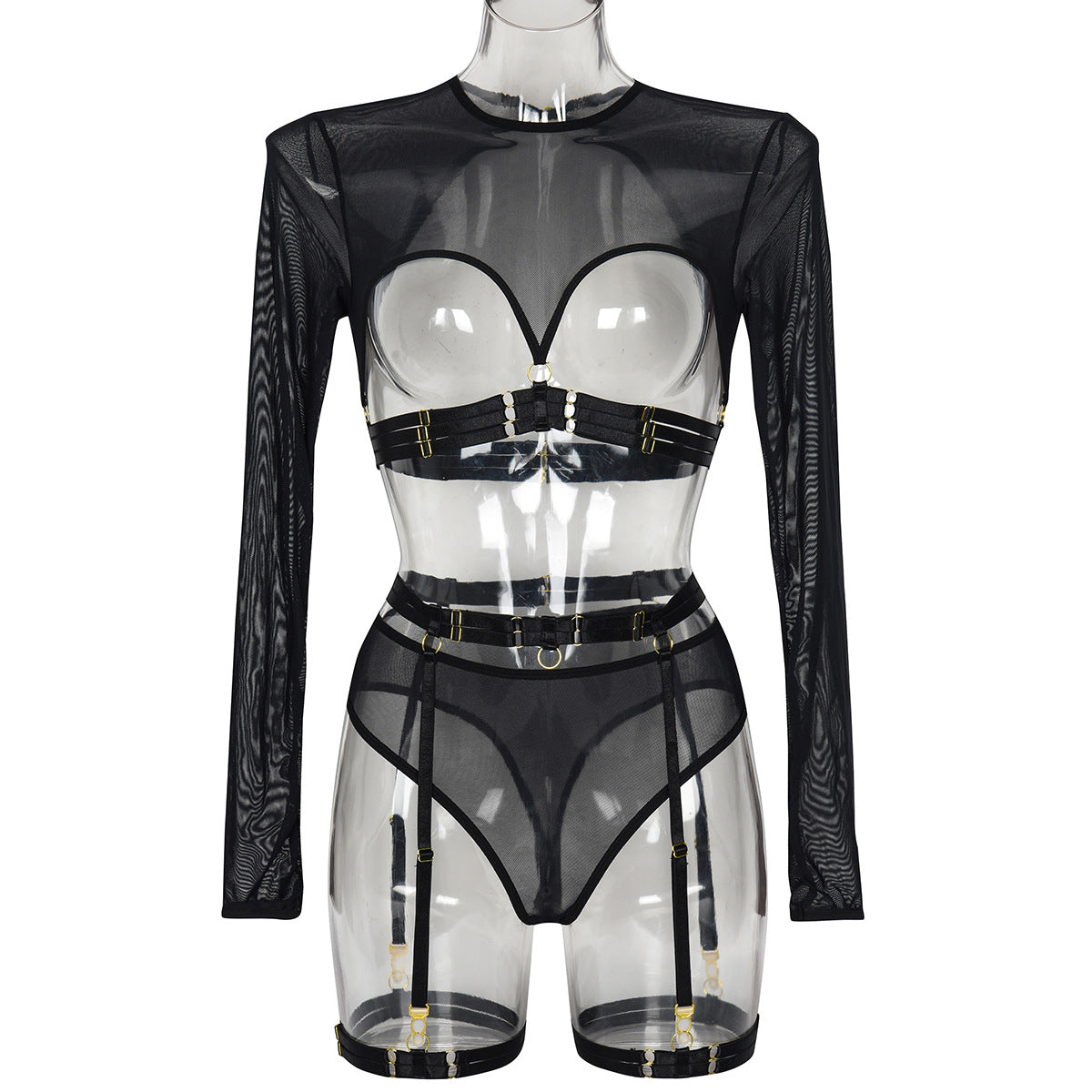FREEDOMBEAUTY | Popular mesh yarn perspective clash straps, heavy craftsmanship complex three-piece erotic underwear 3398