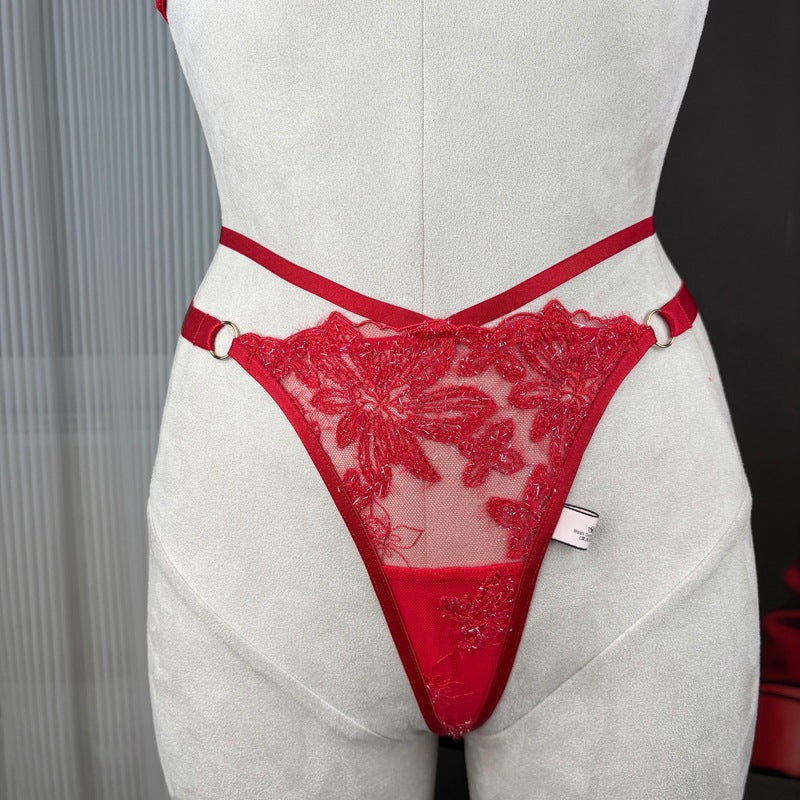 FREEDOMBEAUTY | FQ2886 silver embroidery velvet triangle cup sexy perspective bralette three-point European and American foreign trade cross-border black