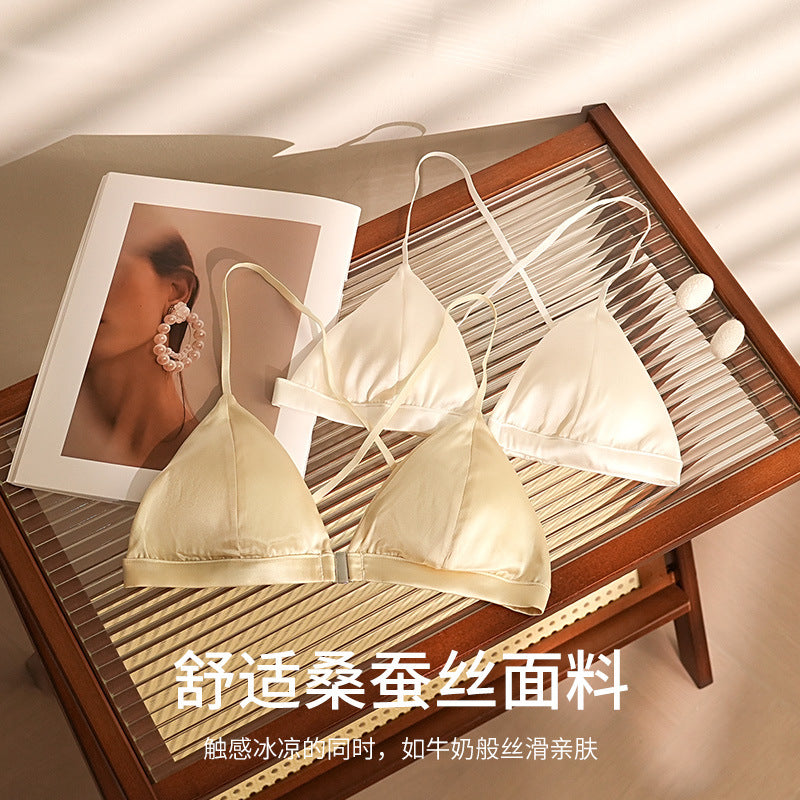 FREEDOMBEAUTY | mulberry silk new gold three-tower silk French underwear women's front buckle mulberry silk sexy deep V steel-rimless French bra