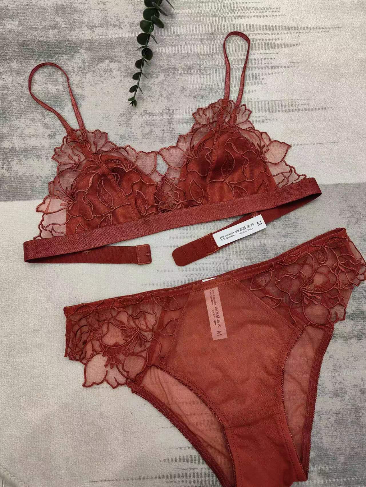 FREEDOMBEAUTY | French Underwear Sexy Thin Cup Triangle Cup Steelless Bra Set Red Natal Embroidered Lace Underwear