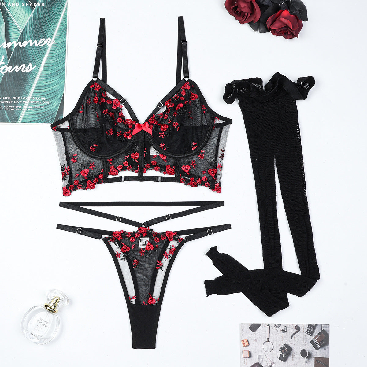FREEDOMBEAUTY | Burgundy high-end embroidery exquisite small floral hollow design complex three-piece stockings sexy lingerie 3709