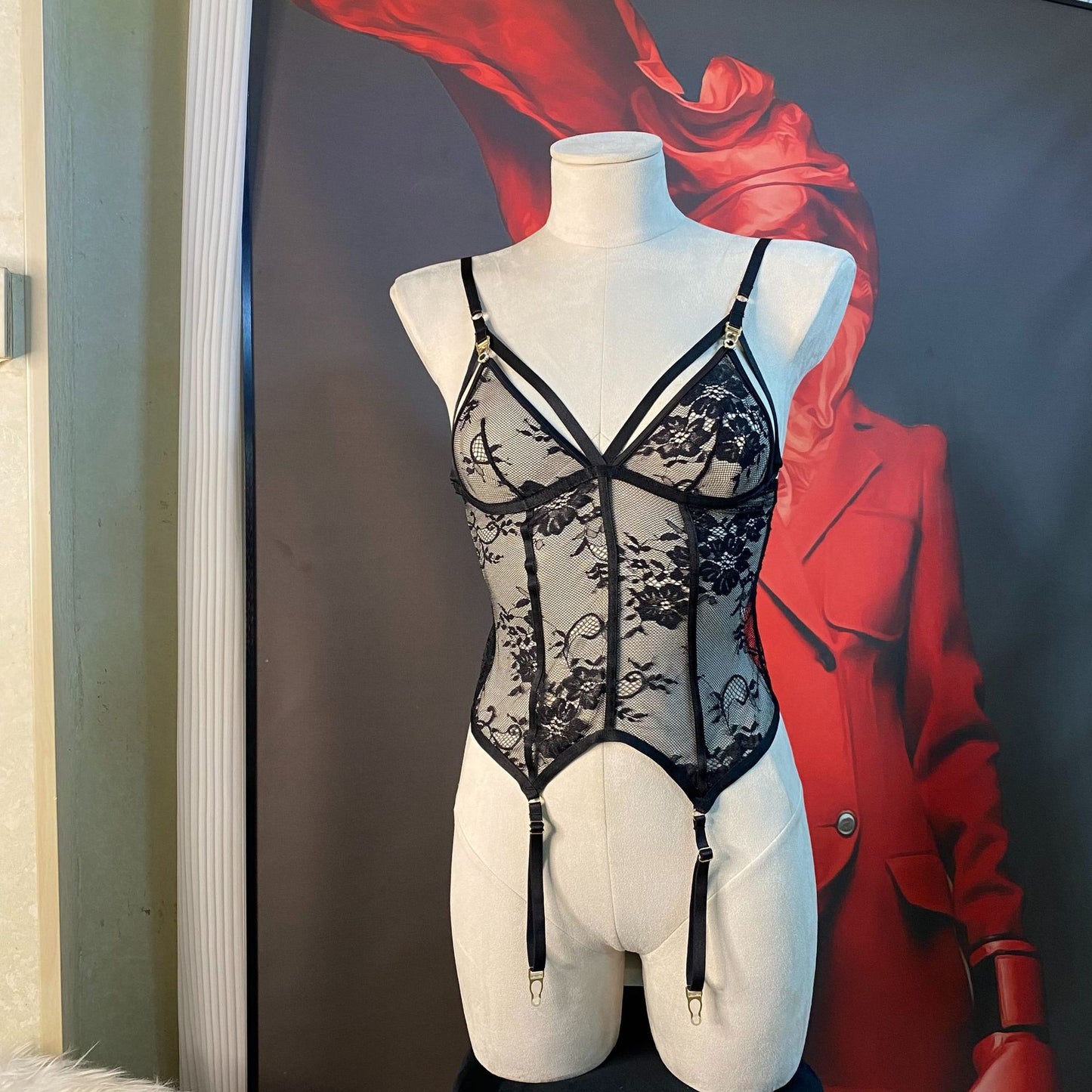 Freedombeauty | FQ2857 Lace shapewear garter thong sexy perspective with steel ring gathering sexy lingerie set