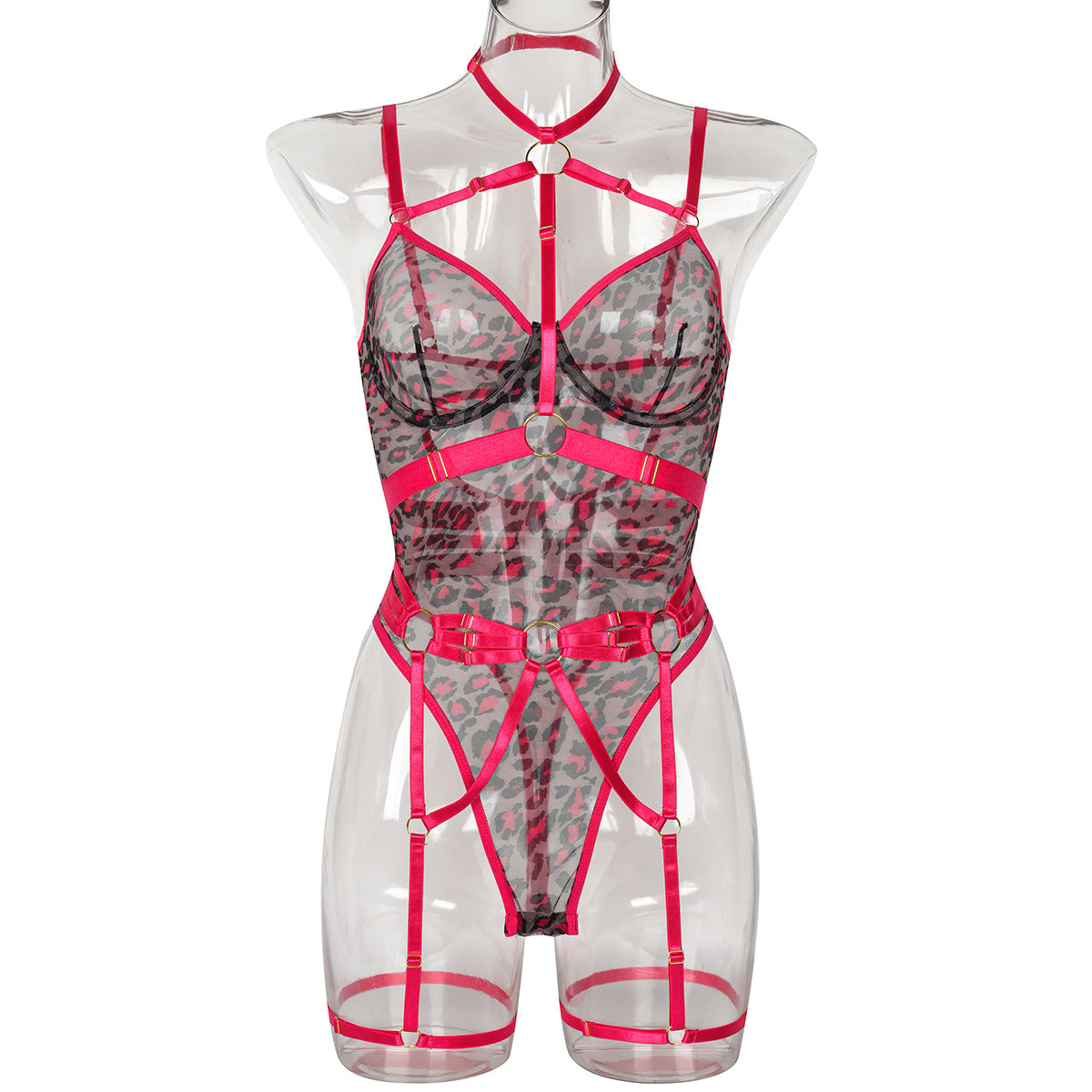 FREEDOMBEAUTY | Cross-border European and American new leopard print perspective mesh yarn strap sex underwear with steel ring sexy shapewear onesie 3342