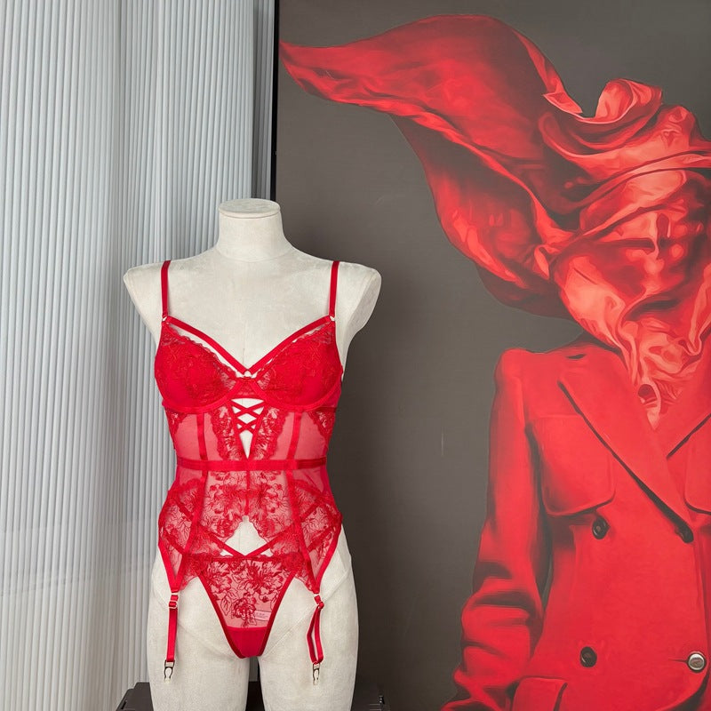 FREEDOMBEAUTY | FQ2873 Embroidery Sponge Tie Corset Garter Mesh Perspective Lingerie Seduction Black Christmas Red