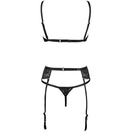 Freedombeauty | FQ2852 French lace triangle cup soft steel rim perspective chain bra thong garter black lingerie