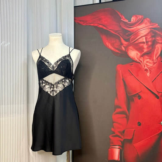 FREEDOMBEAUTY | FQ2861 Suspender Women's Nightdress Sexy Halter Temperament French Star Embroidery Satin Summer Suspender Skirt Black