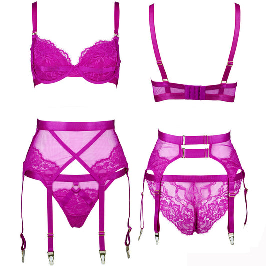 Freedombeauty | FQ2824 Lash Lace Elastic Memory Steel Rim Double Layer Micro-Collect Bra Set Garter Sparkle Mesh Black