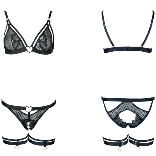FREEDOMBEAUTY | FQ2831 French lace jacquard mesh heart buckle triangle cup sexy bra bralette with thong set