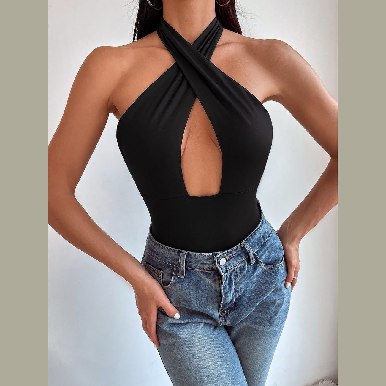 freedombeauty|Hot-selling new solid color sexy backless cross hollow neck onesie outer wear
