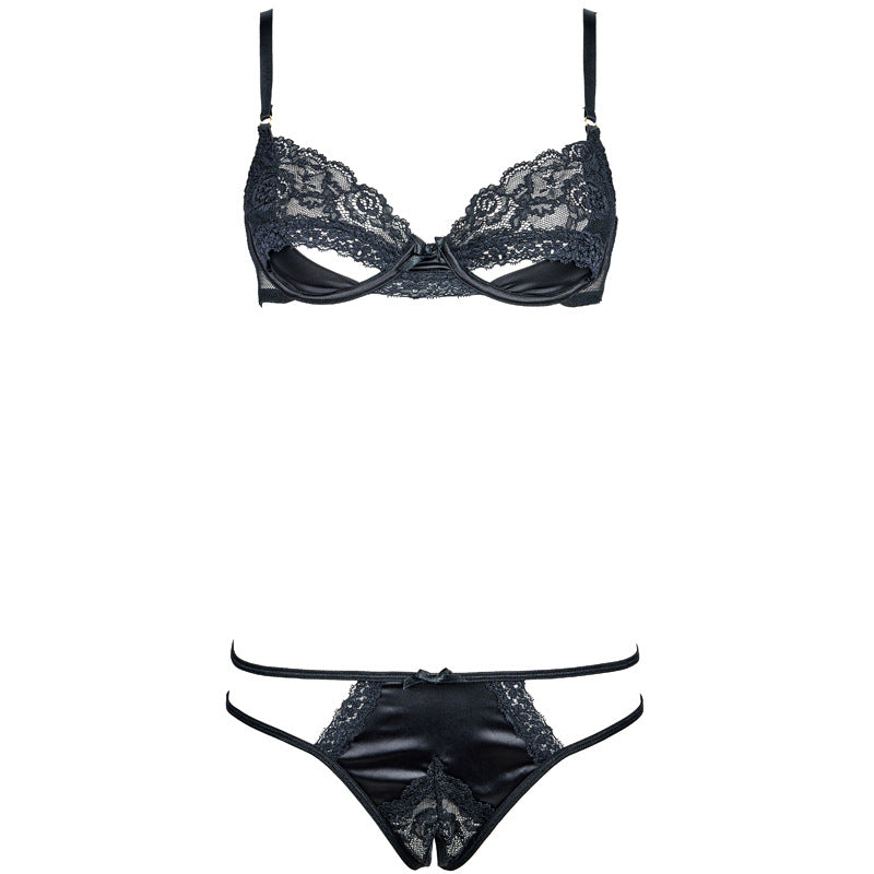 Freedombeauty | FQ2773 Lace Satin Steel Rim Hollow Bra Rhombus Mesh Low Waist Free Panties Sexy Seduction Black Suit