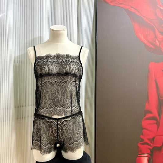 FREEDOMBEAUTY | FQ2870 eyelash lace sling perspective thin hollow women's sex pajamas set black red European and American cross-border