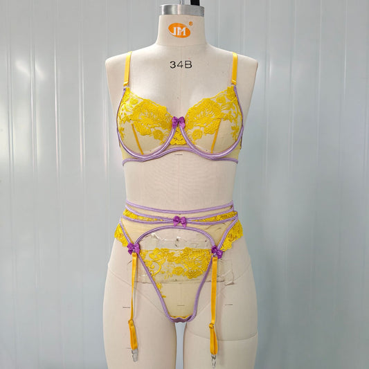 FREEDOMBEAUTY | European and American cross-border new product explosion high-quality women's clothing flower embroidered bra perspective sexy bow underwear set