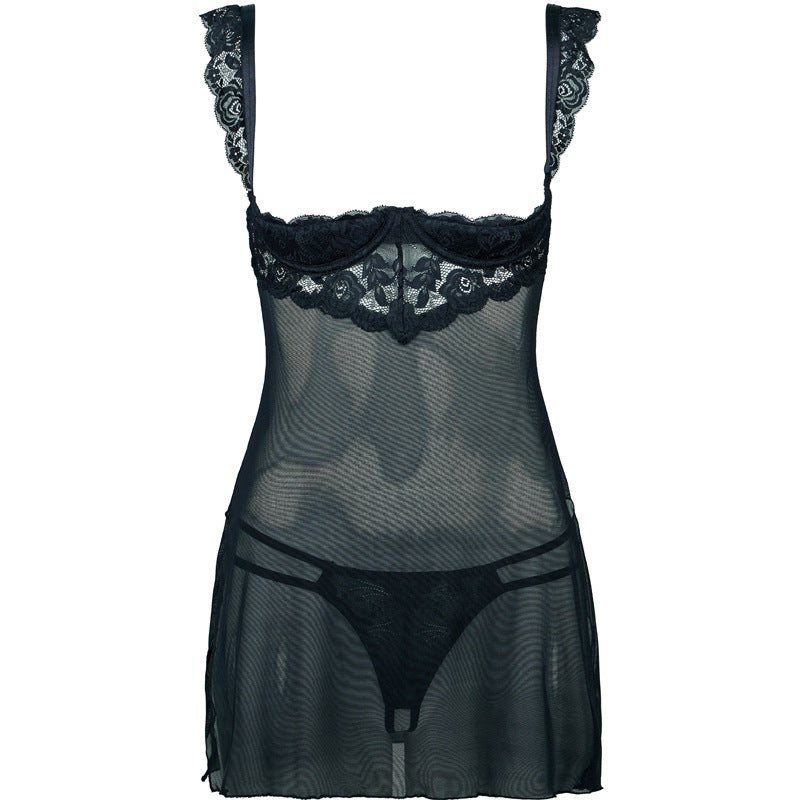 FREEDOMBEAUTY | FQ2913 steel tray sponge dew milk lace mesh nightdress private pajamas sexy lace free panties women black and white