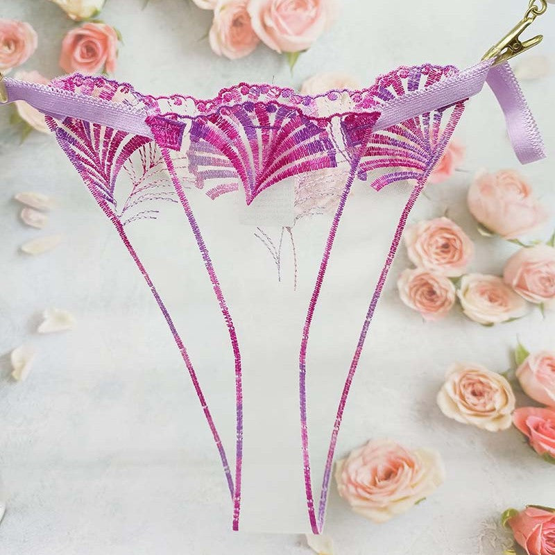 FREEDOMBEAUTY | Hollow-out embroidery perspective sexy new sex thong fan-shaped leaf pattern mesh embroidery cross-border