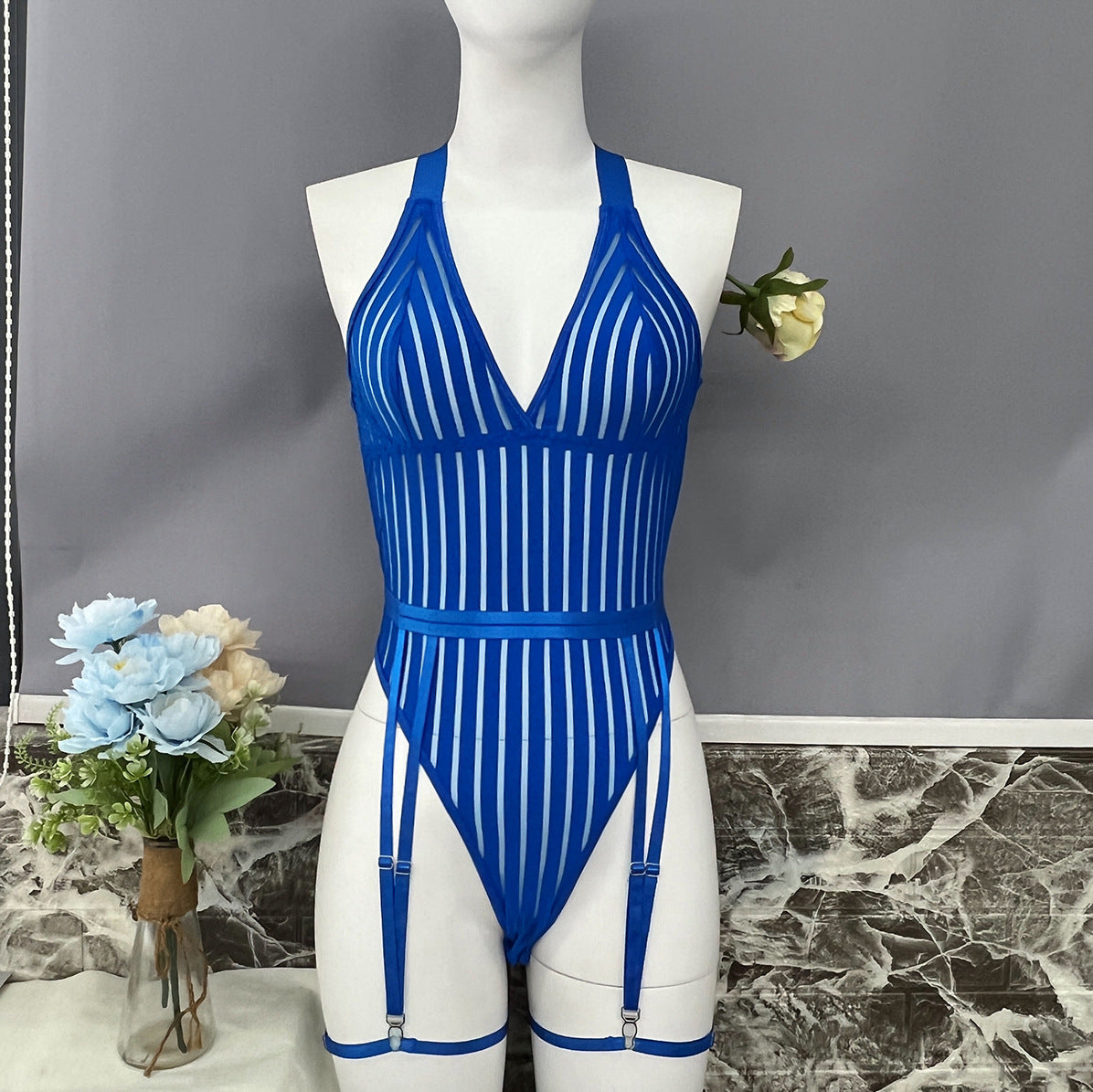 freedombeauty|Women's Striped Halter Perspective Mesh Splicing Shapewear