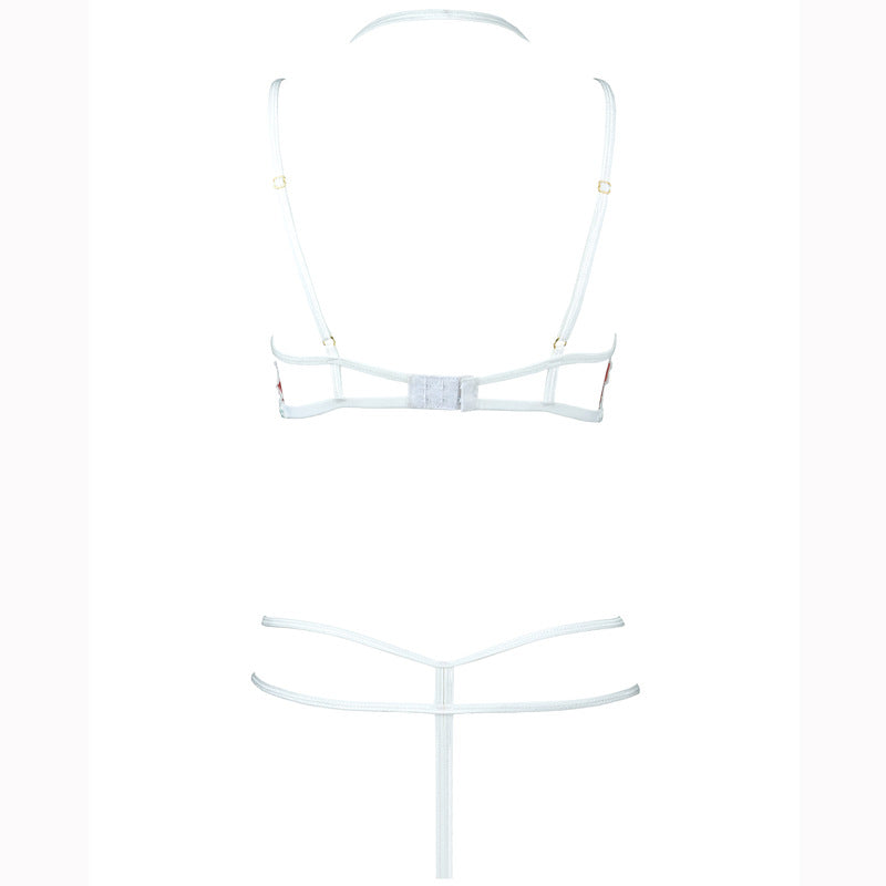 FREEDOMBEAUTY | FJ306 Rose Embroidery Polka Dot Mesh Steel Torch Open Crotch Set Hollow Sexy Pure Lust Bra Ladies White