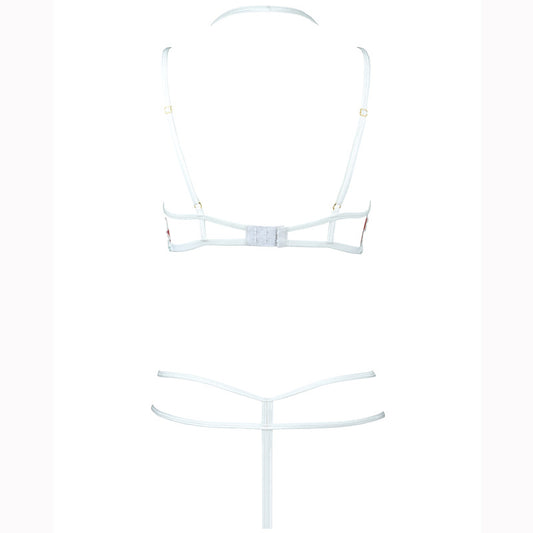 FREEDOMBEAUTY | FJ306 Rose Embroidery Polka Dot Mesh Steel Torch Open Crotch Set Hollow Sexy Pure Lust Bra Ladies White