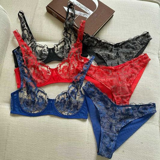 FREEDOMBEAUTY | Sexy ultra-thin underwear mesh embroidered flower bra, cross-border sex transparent bra set Sexy Bra Sets
