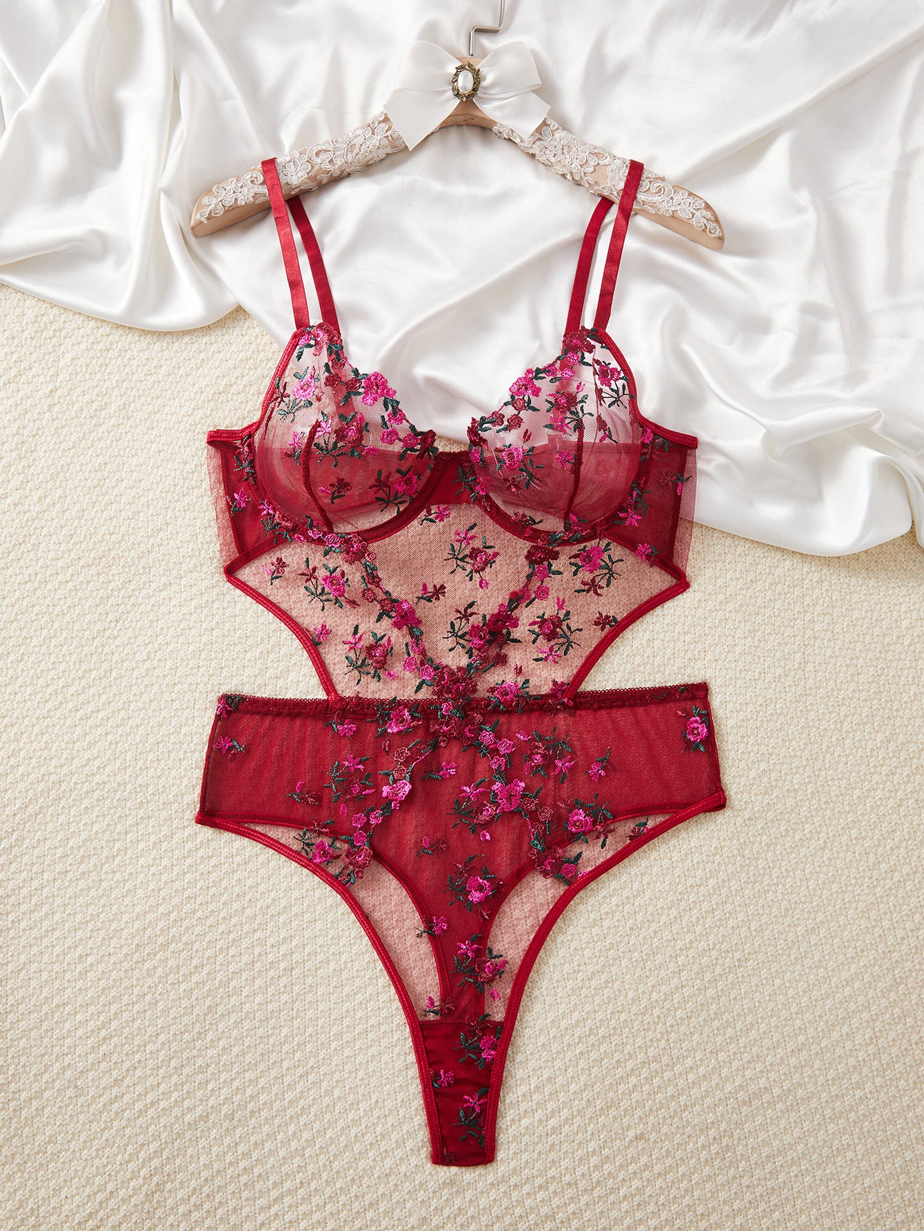 FREEDOMBEAUTY | Sexy tights mesh flower embroidery hollow perspective gathering bra sex onesie