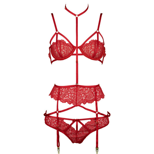 FREEDOMBEAUTY | FQ2770M205 Valentine's Day red lace steel rim double-layer bra neck garter belt low-rise briefs set