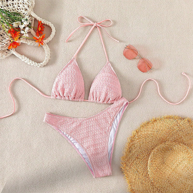 FREEDOMBEAUTY | 2025 New European and American solid color mesh three-piece swimsuit strap-up sexy beach bikini swimsuit women's summer wholesale