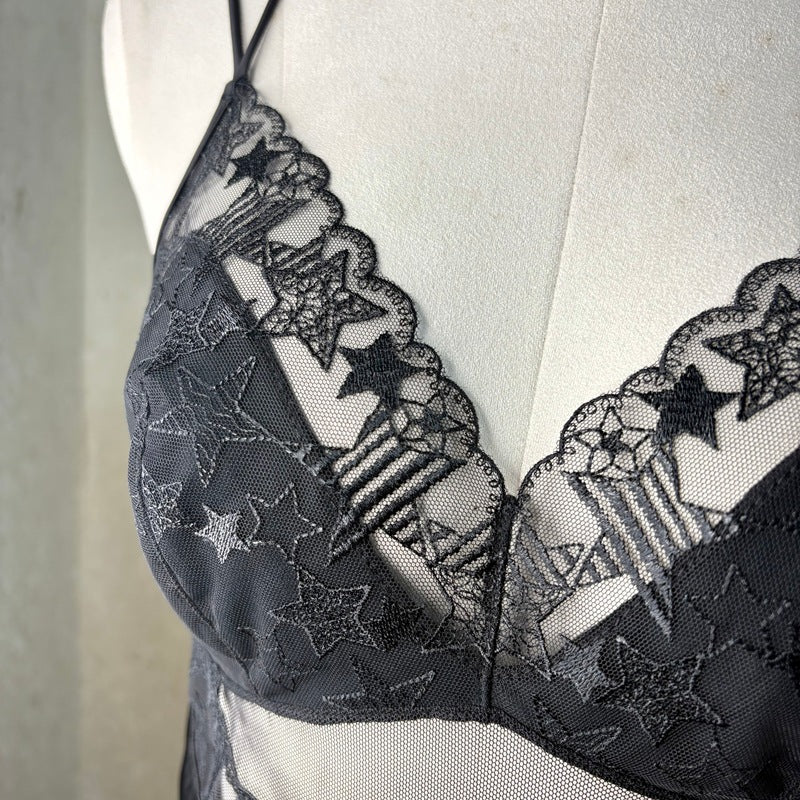 FREEDOMBEAUTY | FQ2861 Suspender Women's Nightdress Sexy Halter Temperament French Star Embroidery Satin Summer Suspender Skirt Black