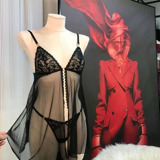 FREEDOMBEAUTY | FQ2854 Perspective Tulle Front Buckle Suspender Split Lace Pajamas Thong Sex Underwear Sexy Suspender Pajamas