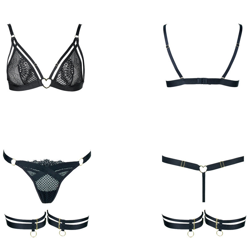 FREEDOMBEAUTY | FQ2831 French lace jacquard mesh heart buckle triangle cup sexy bra bralette with thong set
