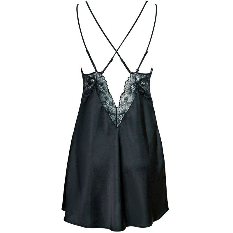 FREEDOMBEAUTY | FQ2866 Pure lace satin women's suspender cross nightdress summer thin high-end deep V Europe and America