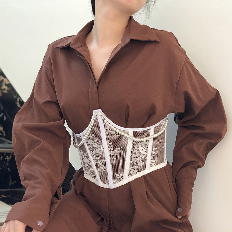 Freedombeauty | 21cm autumn new short gentle lace pearl waist seal fish bone strap decorative waist seal outer spot