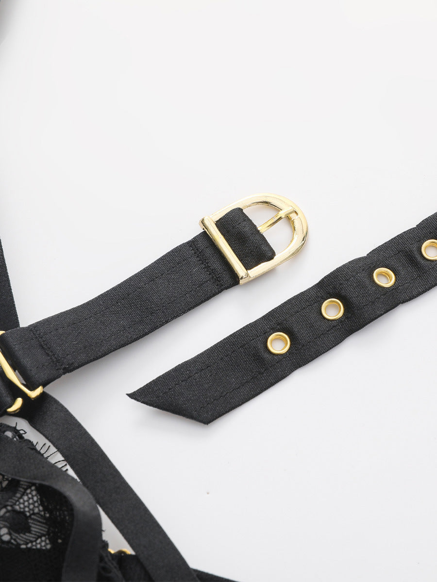 Freedombeauty | FQ2768 Design Sense Personality Lace Sex Underwear Removable Neck Gathering Bra Thong Garter Through