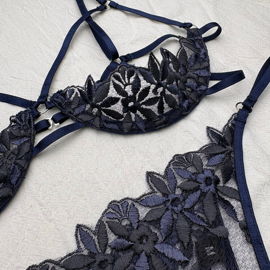 FREEDOMBEAUTY | FJ312 dark blue lace embroidered cross strap sexy hollow underwear set women's free-to-wear bra thong cross-border