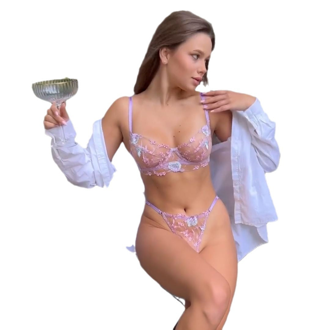 FREEDOMBEAUTY | European and American foreign trade explosion women's sexy single-layer ultra-thin classical embroidery flower steel ring gathering sexy underwear set