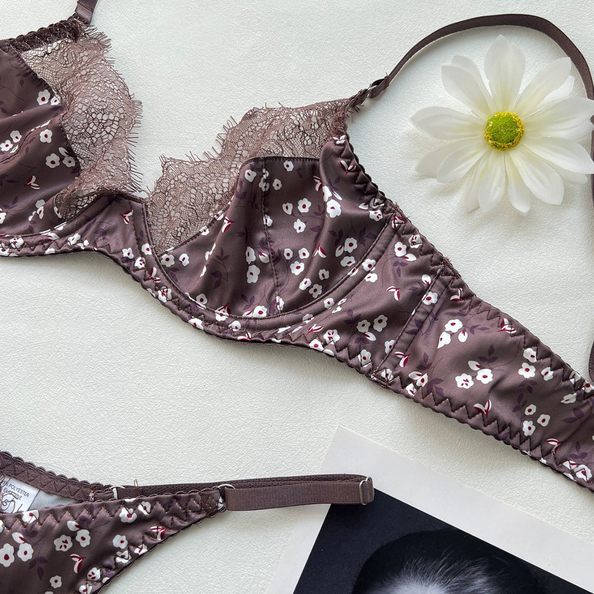 FREEDOMBEAUTYDIER French satin small floral lace splicing bra thong set underwear panty set