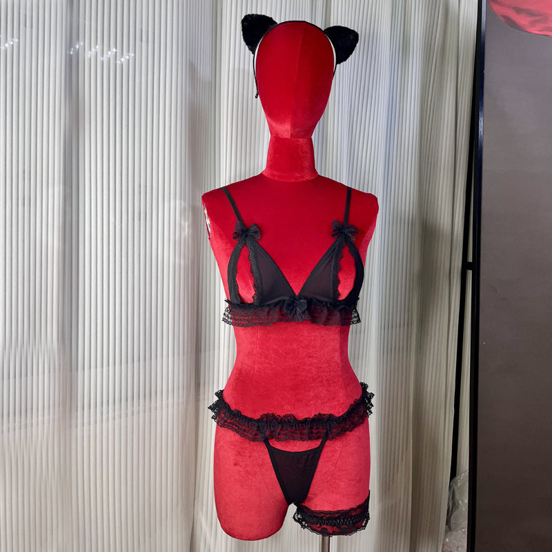FREEDOMBEAUTY | FQ2940 Lace bow pleated edge three-point bra panties leg ring cat ears cute sex suit