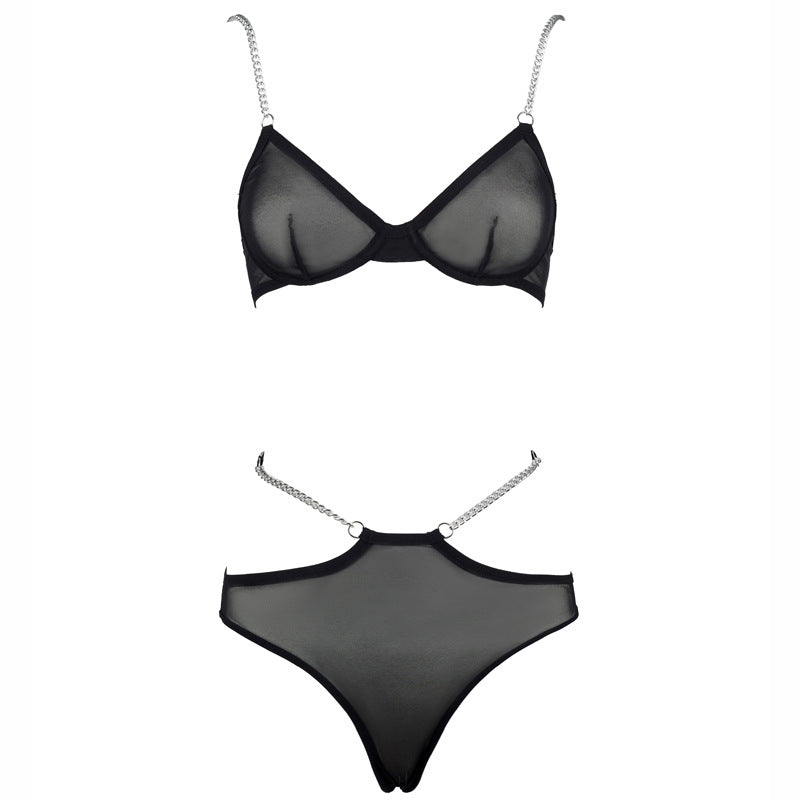 FREEDOMBEAUTY | FQ2702 European and American perspective sexy seamless Internet celebrity ins metal chain steel ring bra medium and high waist mesh briefs