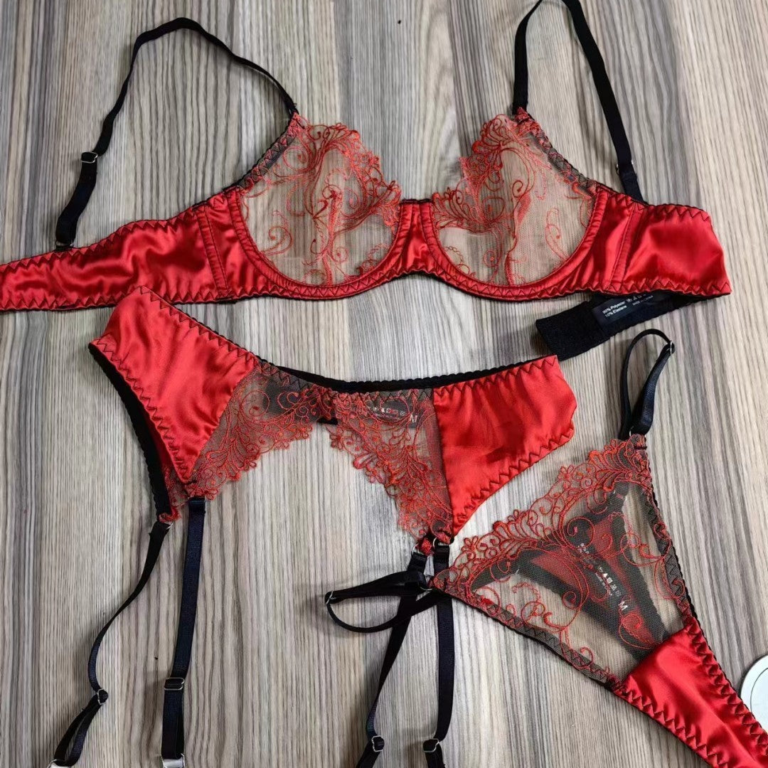 FREEDOMBEAUTY | Sexy sex underwear French ultra-thin transparent lace underwear large breasts small anti-sagging bra three-piece set