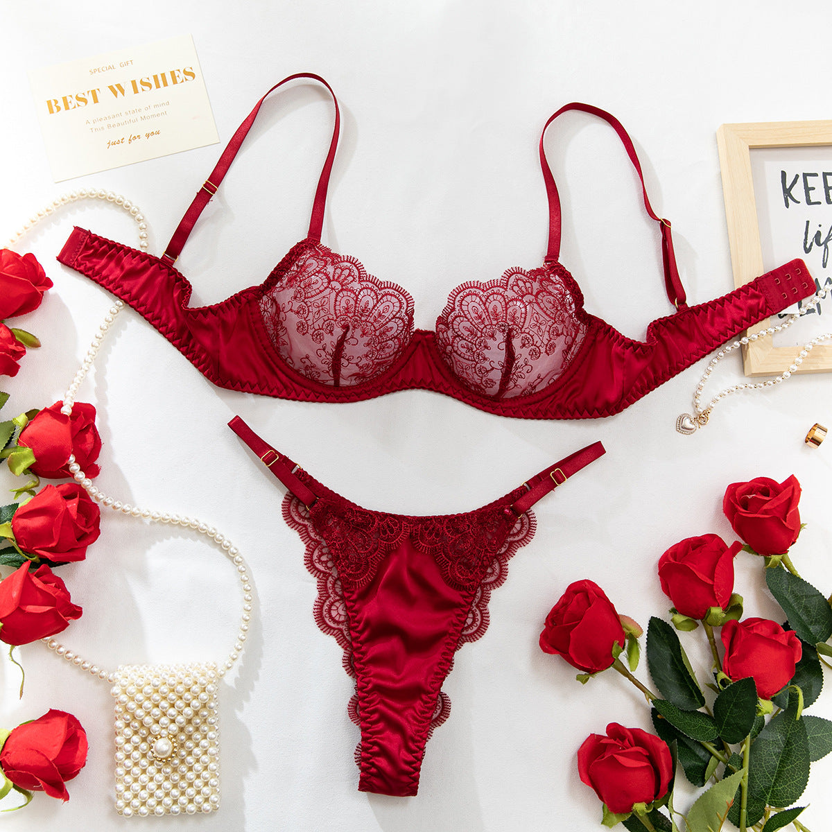 FREEDOMBEAUTY | Cross-border new flower embroidery set, sexy see-through mesh yarn, big breasts show small gathering bra, erotic two-piece set for women