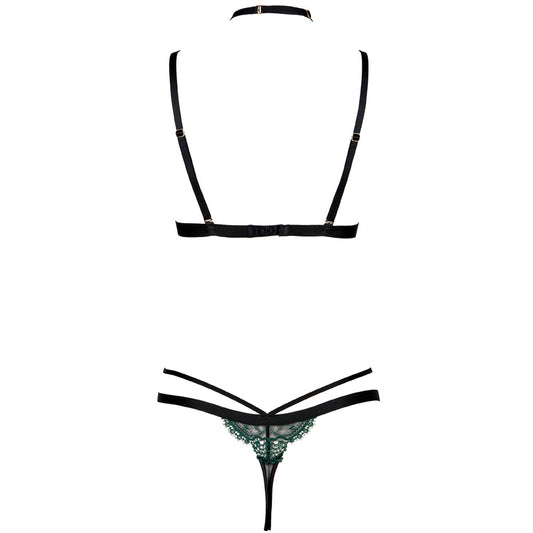 FREEDOMBEAUTY | FQ2765T212 Delicate Green Embroidery Black Mesh Removable Diamond Chain Neck Triangle Cup Thong Set