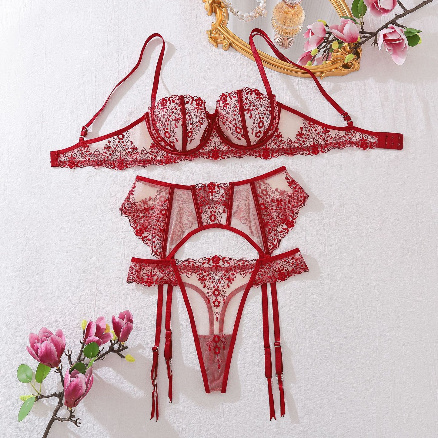 Freedombeauty | Supply a four-piece set of summer new flower embroidery and see-through mesh sexy underwear