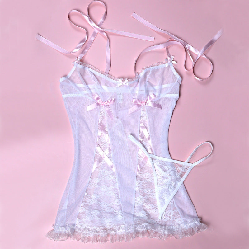 FREEDOMBEAUTY | FQ2660 ribbon strap nightdress lolita soft cute lace mesh bow T-pants without steel rim pajama set