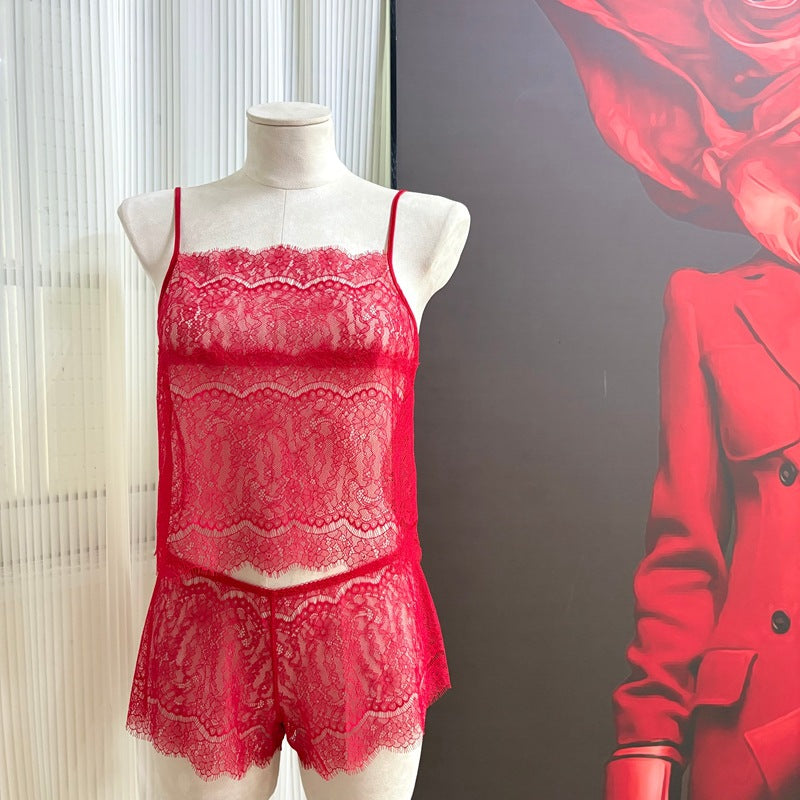 FREEDOMBEAUTY | FQ2870 eyelash lace sling perspective thin hollow women's sex pajamas set black red European and American cross-border