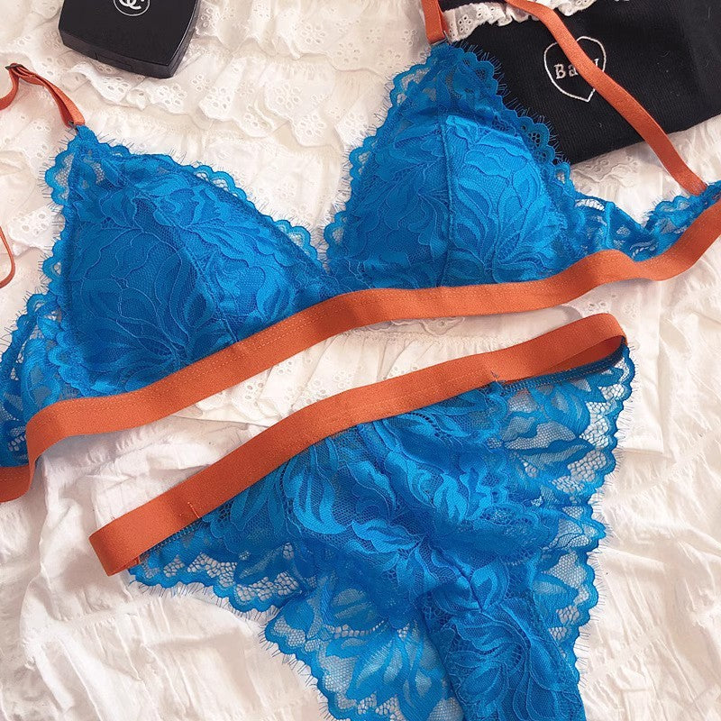 FREEDOMBEAUTY | Cross-border French underwear thin contrasting color triangle cup no steel ring bra big chest small sexy lace bra set