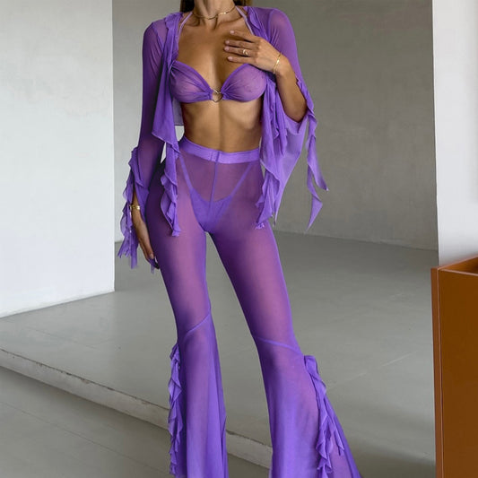 Freedombeauty | Sexy pure desire perspective splicing ruffle edge casual mesh pants women's erotic underwear four-piece set