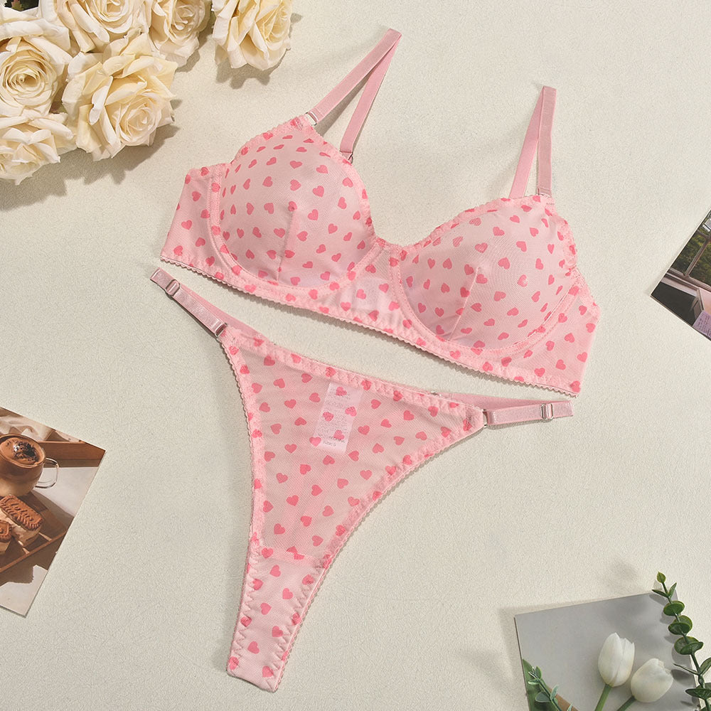 FREEDOMEBEAUTY | Popular set of sex underwear four seasons underwear love printing temptation 2-piece set of lace sexy hollow