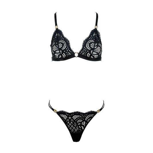 FREEDOMBEAUTY | FQ2841M204 French Pure Lace Triangle Cup Low Waist Thong U-Buckle Crossed Back Sexy Set