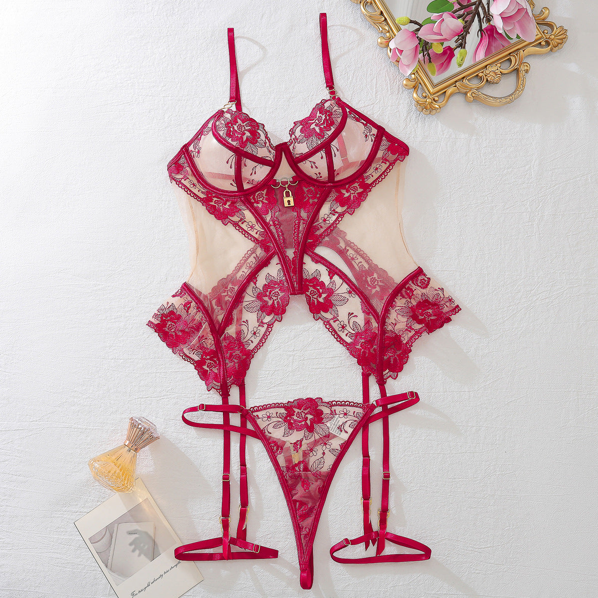 Freedombeauty | Sexy bra set mesh see-through thin lace seduction underwear three-piece set
