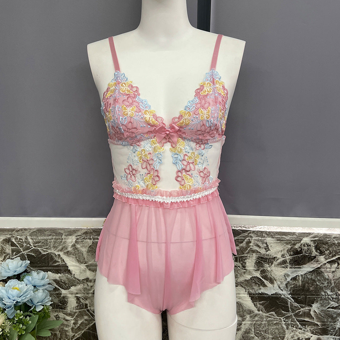 freedombeauty|Cute Pink Ladies Embroidered One-Piece Doll Underwear Set