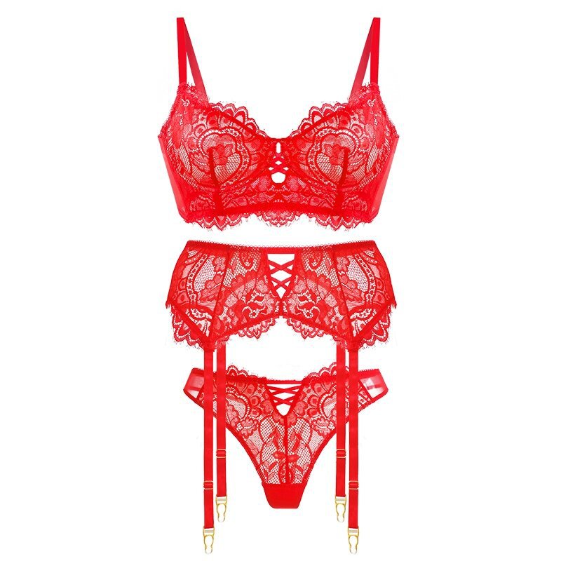 FREEDOMBEAUTY | Summer women's thin European and American lace sexy bra erotic underwear hollow set big chest small three-piece set
